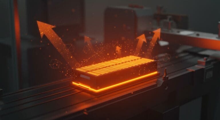 Batería de estado sólido ultrafina suiza destacada en línea de producción tecnológica, representa innovación y hardware sostenible en startups.