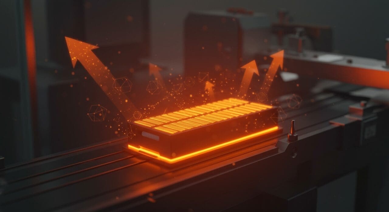 Batería de estado sólido ultrafina suiza destacada en línea de producción tecnológica, representa innovación y hardware sostenible en startups.