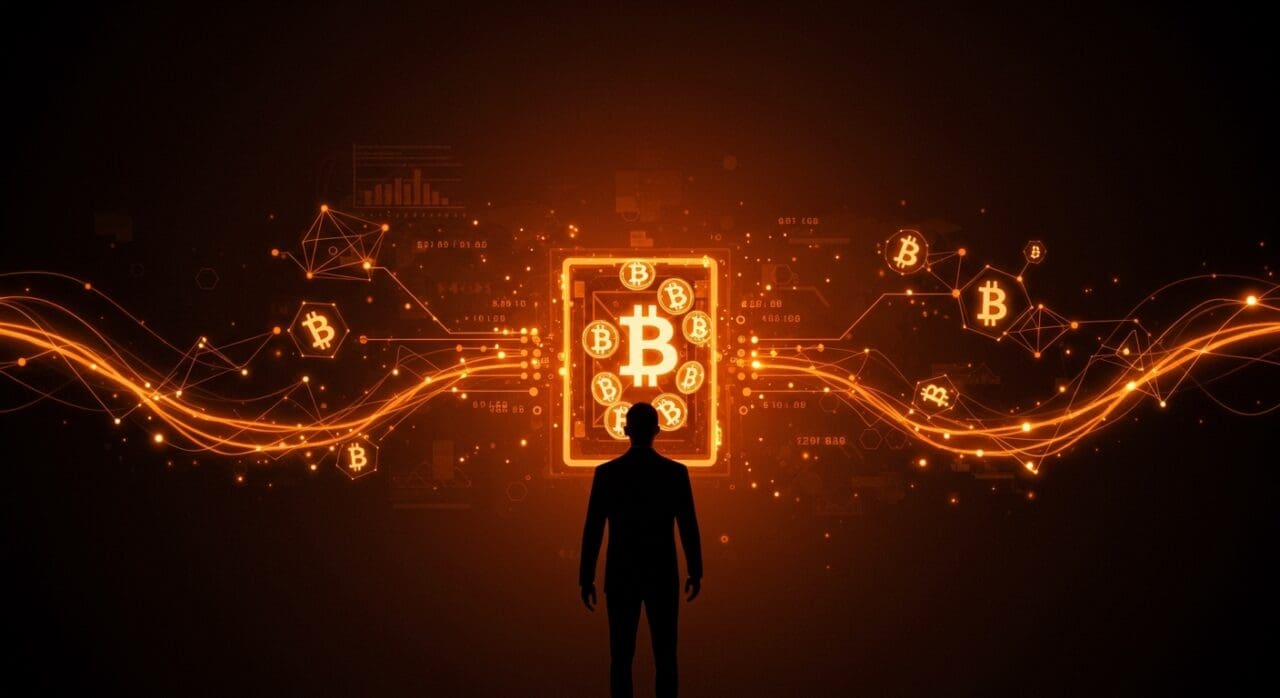 Innovación en tesorería de Bitcoin liderada por la startup suiza Future con $34.5M en funding, representada por un emprendedor digital y símbolos de criptomonedas.