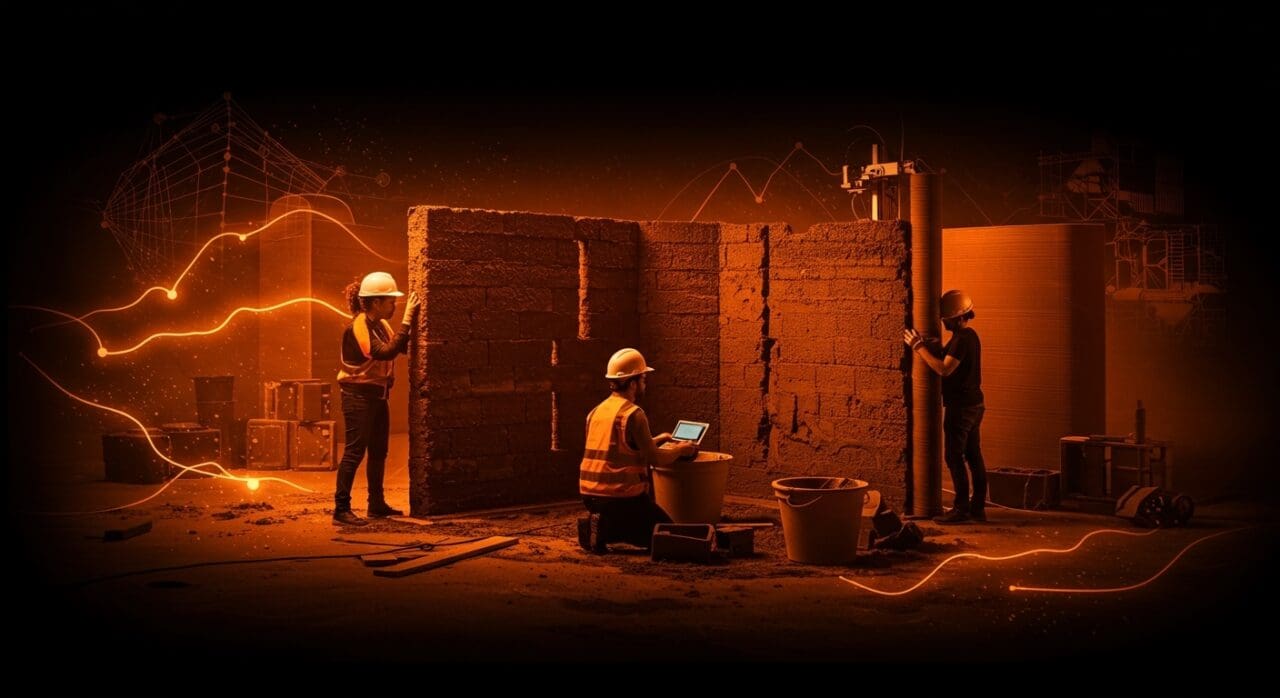 Muros de biocemento impresos en 3D por startup universitaria, innovando en construcción sostenible con tecnología avanzada y relaves mineros.