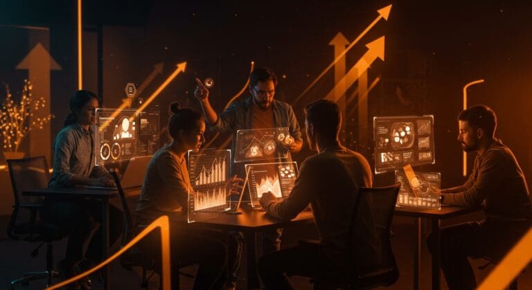 Startups colaborando en un espacio moderno con interfaces holográficas, simbolizando innovación sostenible, financiamiento y escalamiento en el ecosistema startup.