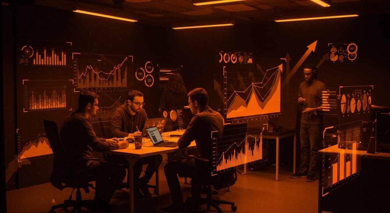 Fundadores de startups colaborando en un entorno tecnológico con representaciones visuales de venture capital y crecimiento temprano en Betaworks Camp.