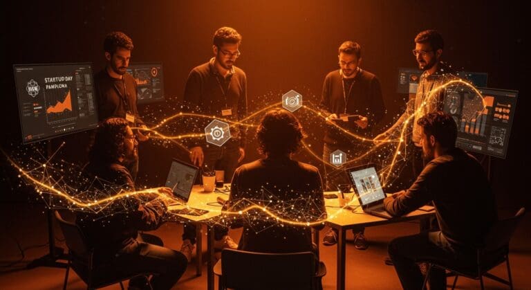 Siete startups cántabras colaborando en Startup Day Pamplona con apoyo de SODERCAN, simbolizando innovación, emprendimiento y networking.