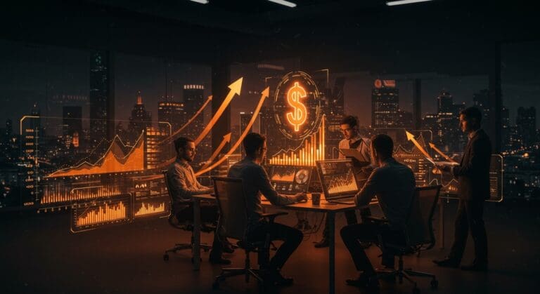 Startup europeas colaborando en un entorno futurista con gráficos ascendentes y símbolos de innovación y financiación hacia un mercado valuado en un trillón de dólares.