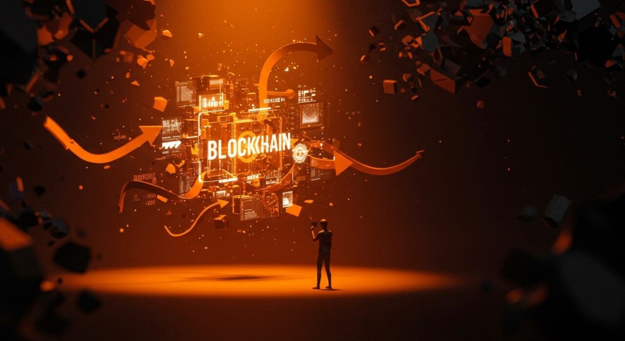 Análisis visual de Substrate blockchain y evaluación de startups en tecnología disruptiva con metáforas sobre fraude e inversión.