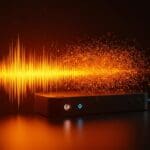 Dispositivo tecnológico moderno mostrando aislamiento de voz en ambientes ruidosos con elementos de IA aplicada y financiación startup.