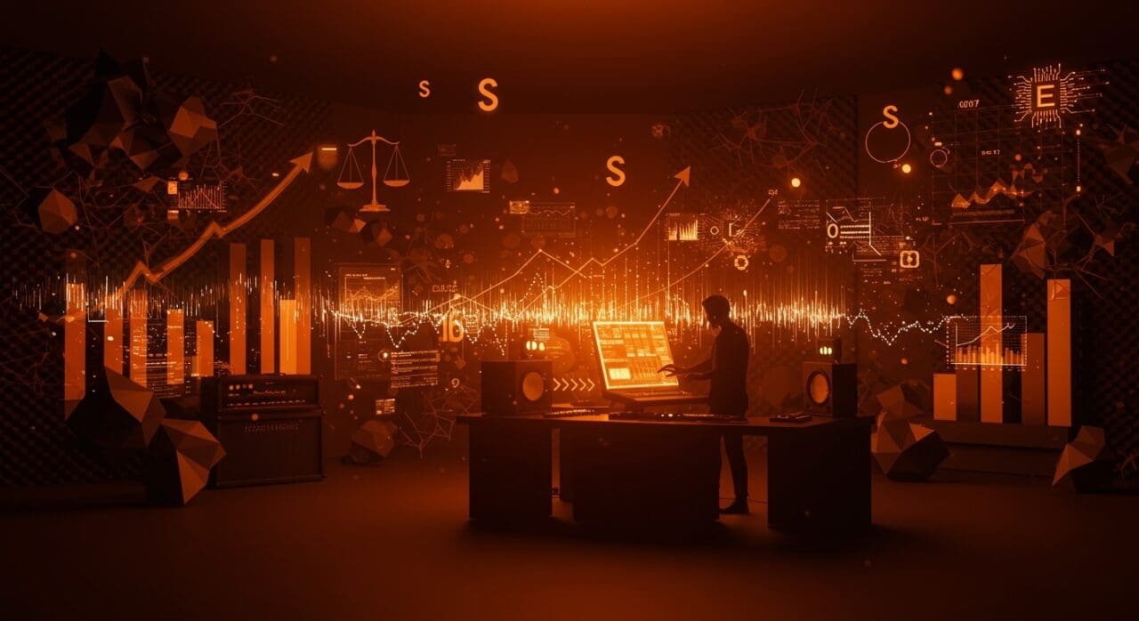 Startup de IA musical Suno recibiendo financiación récord y enfrentando retos legales en derechos de autor, ilustrado con elementos tecnológicos y simbólicos de escalabilidad.