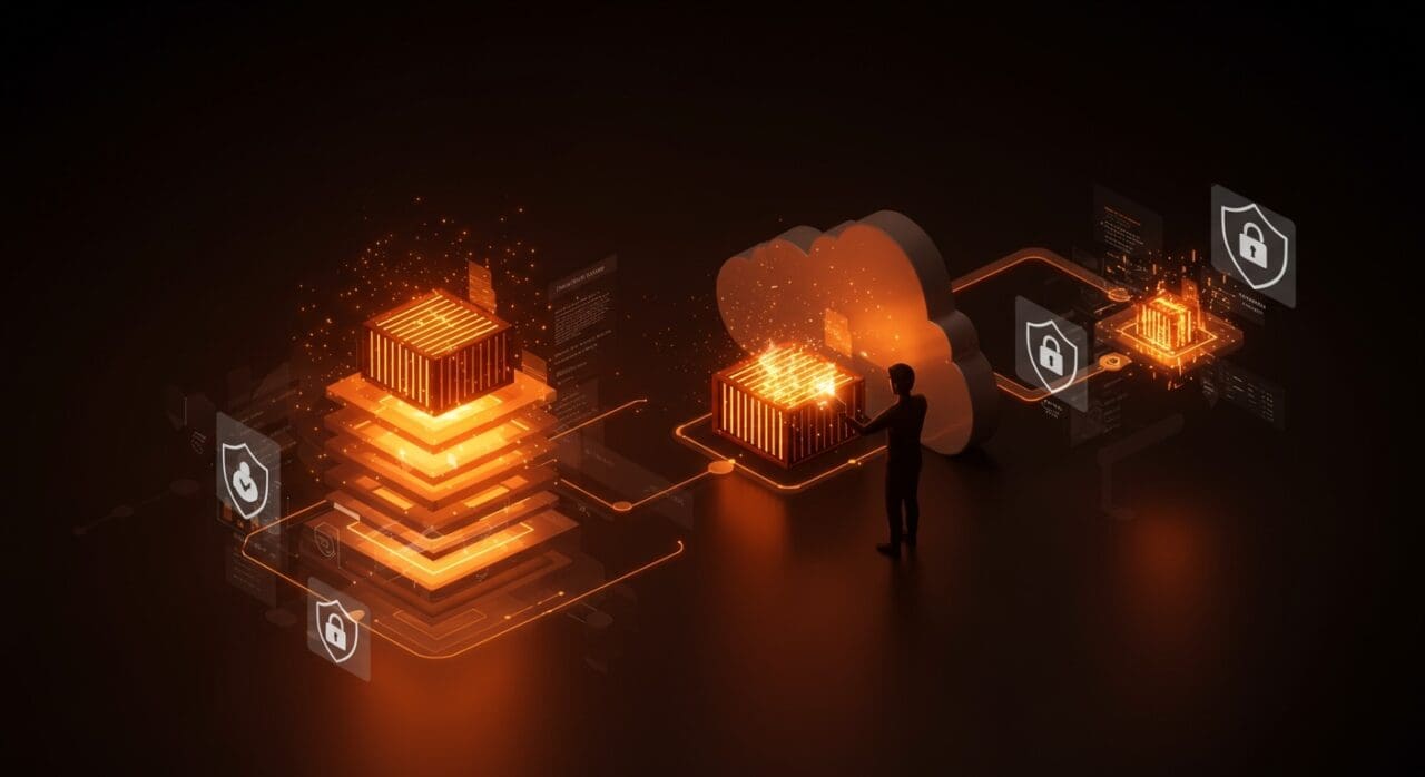 Optimización y seguridad de contenedores Docker en entornos SaaS representados con iconografía digital y metáforas visuales de automatización y DevOps.