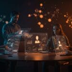 Fundadores de startups colaborando con interfaces holográficas que muestran agentes inteligentes y automatización no-code inspirados en IA.