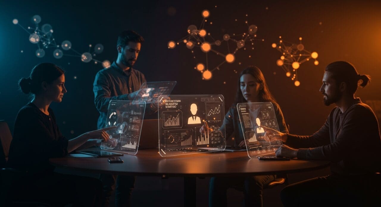 Fundadores de startups colaborando con interfaces holográficas que muestran agentes inteligentes y automatización no-code inspirados en IA.