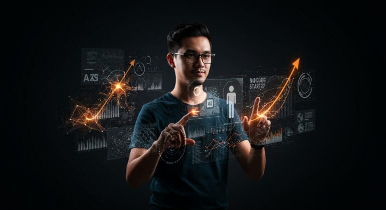 Fundador de startup usando IA no-code para automatización y crecimiento tecnológico con agentes inteligentes.