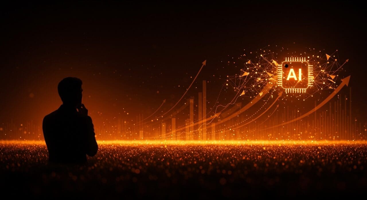 Adopción estable de inteligencia artificial en empresas tecnológicas mostrada con un horizonte digital y redes neuronales abstractas en tonos naranja y negro.