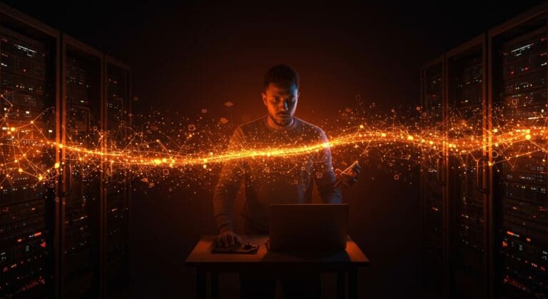 Representación visual de comunicaciones confiables TCP en SaaS con flujos de datos en tonos naranja y negro, destacando la importancia del protocolo en el desarrollo de software moderno.