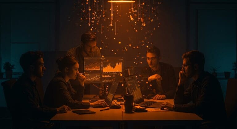 Fundadores tecnológicos analizando datos y tendencias clave de despidos tech 2025 y su impacto en el mercado laboral de startups.