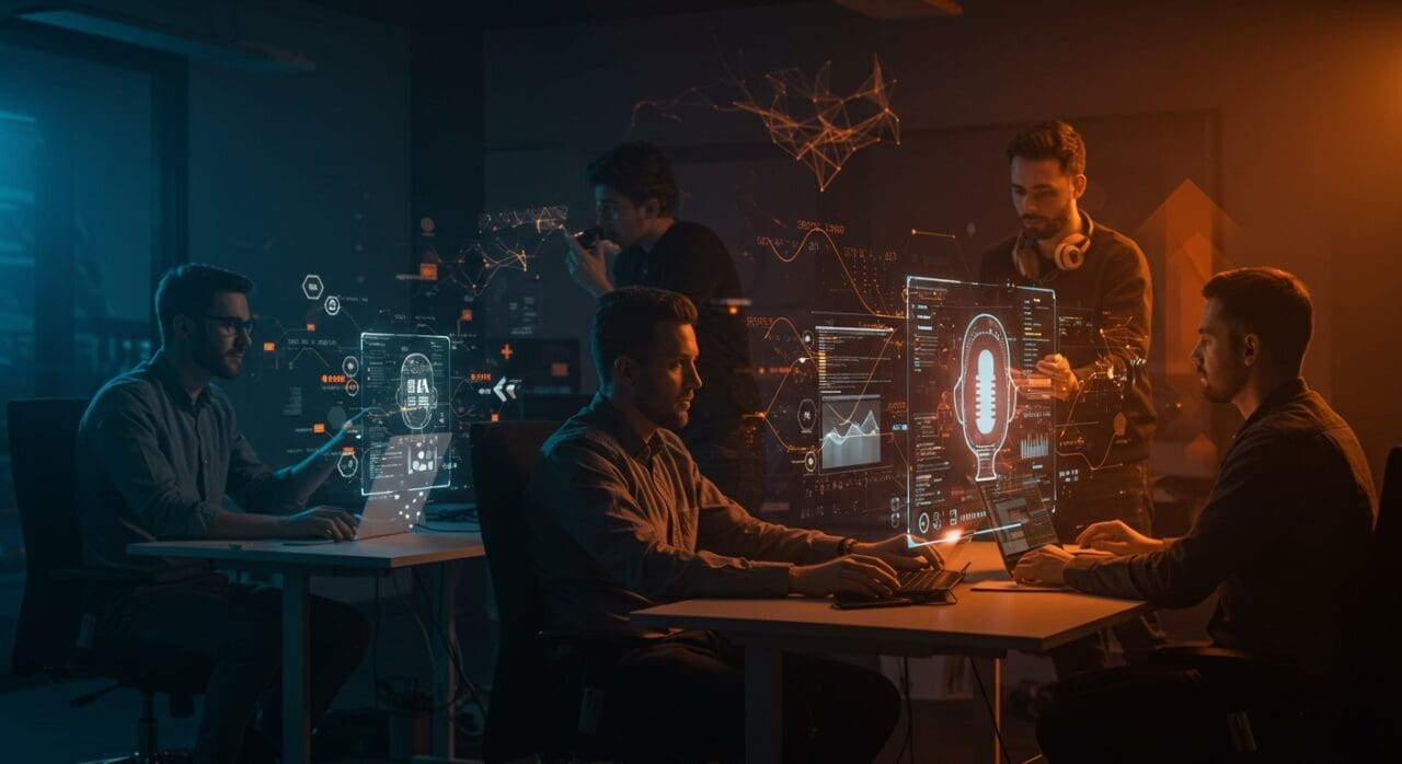 Ingenieros de IA trabajando en startup innovadora de Voice AI en Berlín, enfocada en tecnologías modernas y telefonía IA.