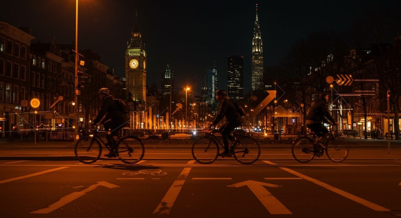 Movilidad urbana sostenible con ciclistas en ciudad innovadora destacada en el ranking Copenhagenize 2025.