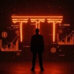 Elon Musk frente al logo digital de Tesla con gráficos de mercado y símbolos de crecimiento reflejando un acuerdo de compensación de $1 billón.