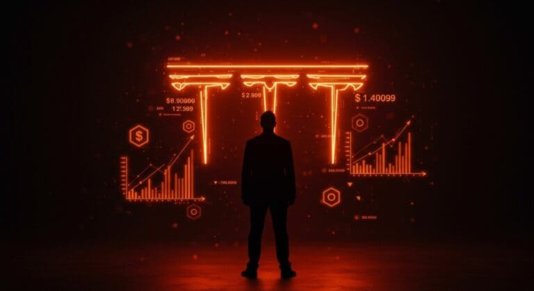 Elon Musk frente al logo digital de Tesla con gráficos de mercado y símbolos de crecimiento reflejando un acuerdo de compensación de $1 billón.