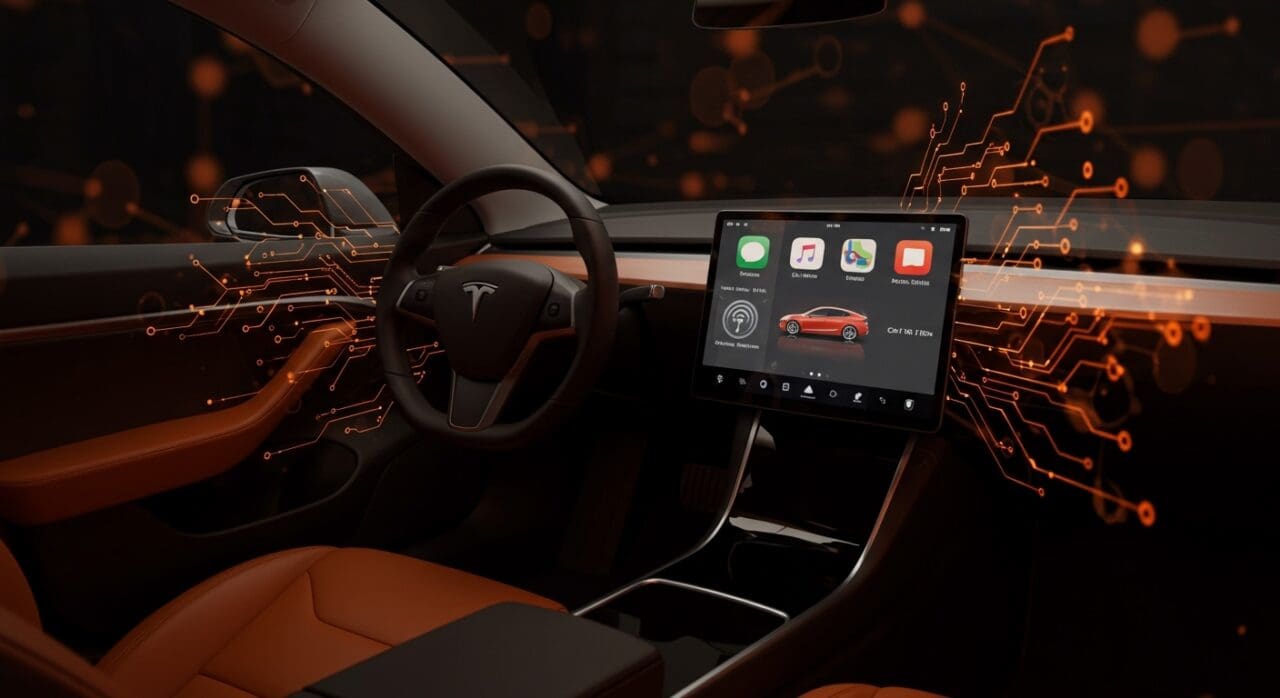 Tablero de Tesla con interfaz CarPlay iluminada representando tendencias en movilidad eléctrica e innovación automotriz.
