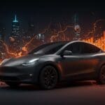 Tesla Model Y destacando problemas de confiabilidad según TÜV Report, con metáforas visuales sobre vehículos eléctricos y movilidad eléctrica en estilo Ecosistema Startup.