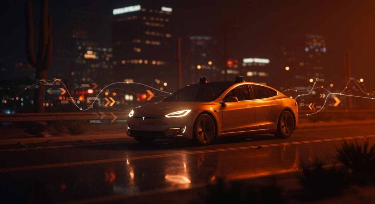 Tesla robotaxi autónomo operando en Arizona representando innovación en movilidad y oportunidades para startups tecnológicas.