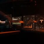 Interfaz de conducción autónoma de Tesla y data streams simbolizando seguridad y competencia en movilidad autónoma.