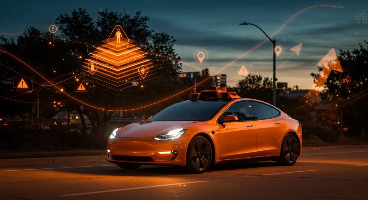 Tesla Robotaxi en Austin con alertas de accidentes y representaciones visuales de desafíos de la conducción autónoma y tendencias tecnológicas.