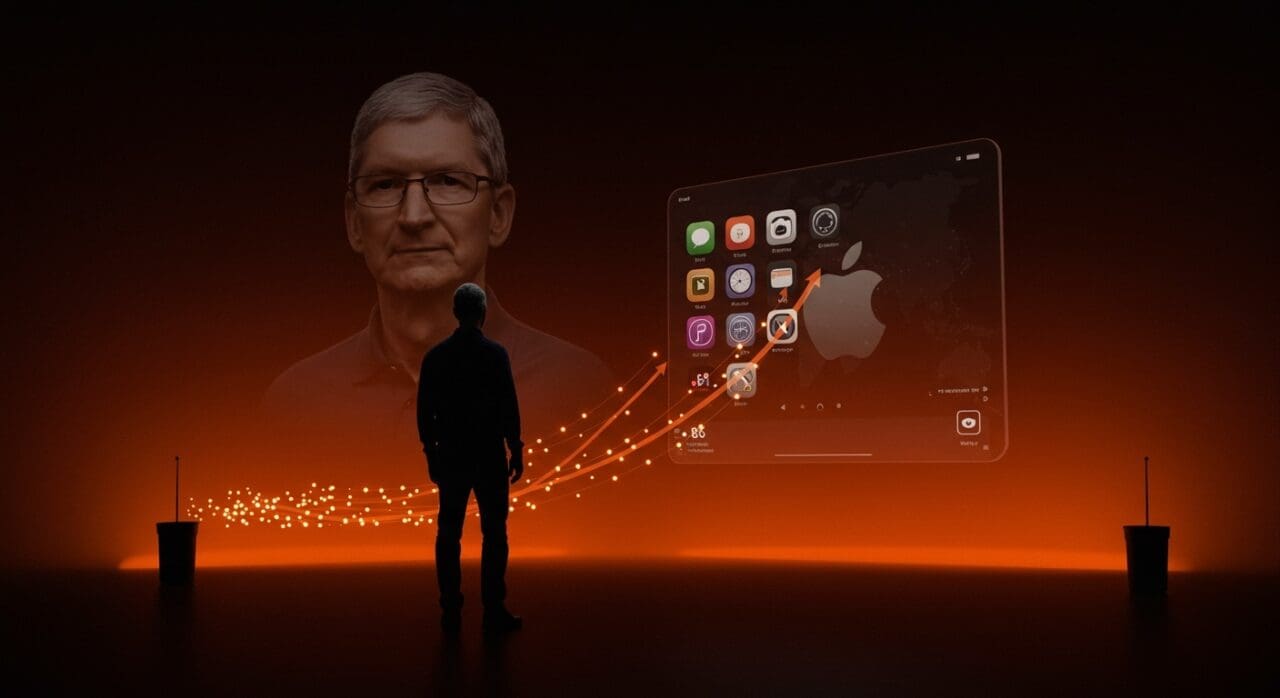 Tim Cook contemplando la sucesión del liderazgo en Apple con John Ternus como posible sucesor en el mercado tecnológico.