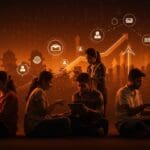 Trabajadores gig en India con elementos visuales de ley laboral y seguridad social en economía digital.