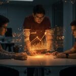 Tres innovadores chilenos menores de 35 colaborando en una proyección digital que simboliza la innovación tecnológica y el ecosistema startup en Latinoamérica.