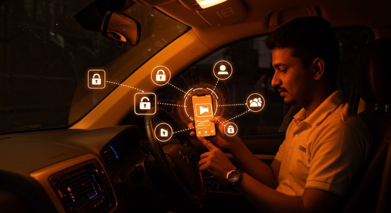 Conductor de Uber en India usando la función de grabación de video para seguridad digital en la app de ridesharing, tecnología aplicada a la movilidad.