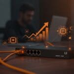 Switch Ubiquiti Flex Mini 2.5G optimizando infraestructura tecnológica para startups con conectividad 2.5GbE y gestión UniFi centralizada.