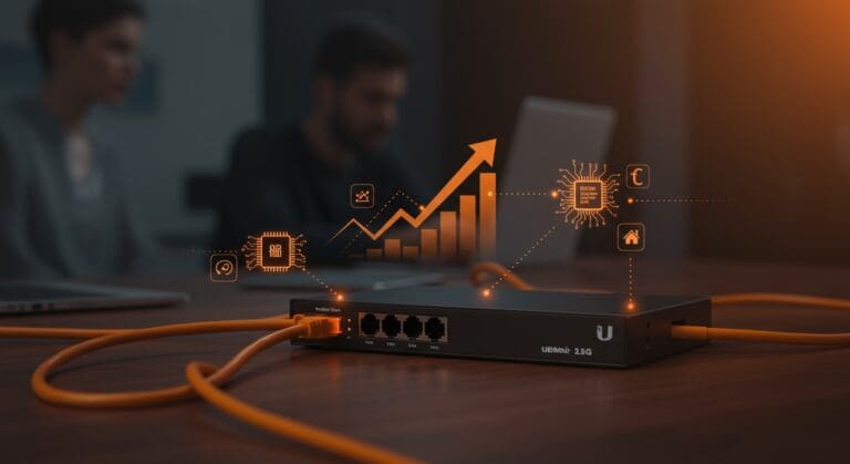 Switch Ubiquiti Flex Mini 2.5G optimizando infraestructura tecnológica para startups con conectividad 2.5GbE y gestión UniFi centralizada.