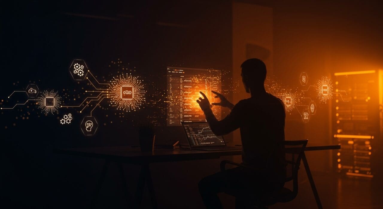 Desarrollador interactuando con lógica de servidor web controlada por modelos de lenguaje e inteligencia artificial en un entorno moderno y estilizado.