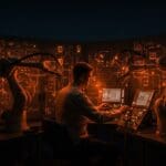 Ingeniero en hardware trabajando en automatización industrial con elementos de inteligencia artificial y robótica en un entorno de startup tecnológica.