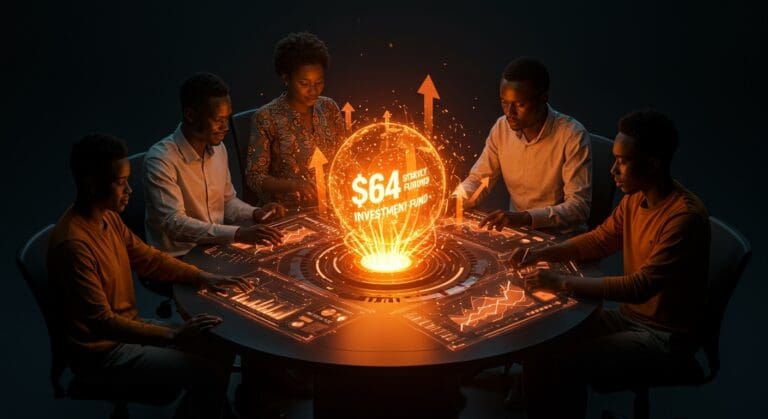 Inversiones en startups africanas representadas por emprendedores colaborando con datos digitales y energía fluyendo simbolizando un fondo de inversión de 64 millones de dólares.