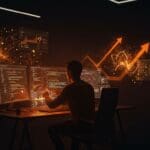 Visualización futurista de vibe coding y IA aplicada en programación, mostrando oportunidades y riesgos en startups tecnológicas.