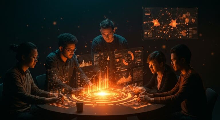 Fundadores de startups colaborando con tecnología de inteligencia artificial y flujos de inversión en un entorno moderno.