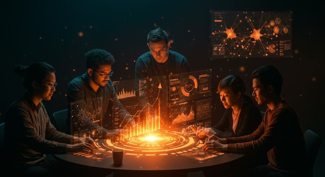 Fundadores de startups colaborando con tecnología de inteligencia artificial y flujos de inversión en un entorno moderno.