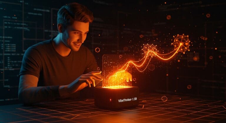 Founder tecnológico analizando datos en dispositivo AI VibeThinker-1.5B, representando IA abierta eficiente y optimización de costos para startups.