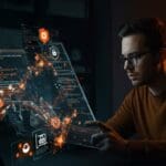 Founder técnico revisando vulnerabilidades en rust-sudo-rs con elementos abstractos de seguridad informática y actualizaciones para startups.