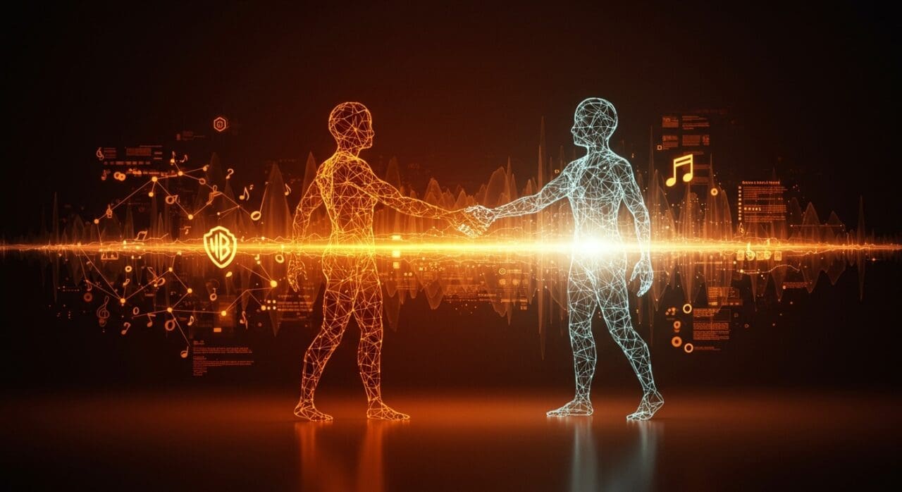 Alianza entre Warner Music y Suno destacando inteligencia artificial en música y derechos de autor con metáforas digitales de innovación tecnológica.