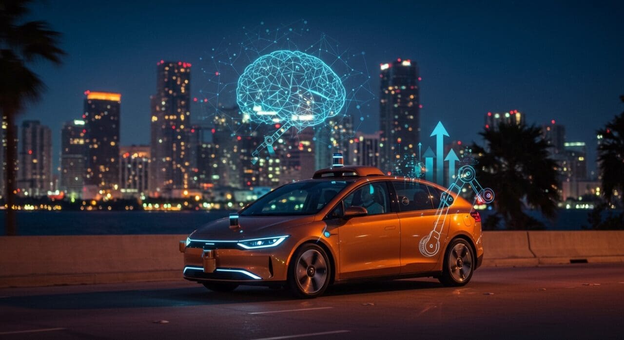 Vehículo autónomo Waymo circulando sin conductores de seguridad en Miami, simbolizando la expansión de robotaxis y la innovación en movilidad con IA aplicada.