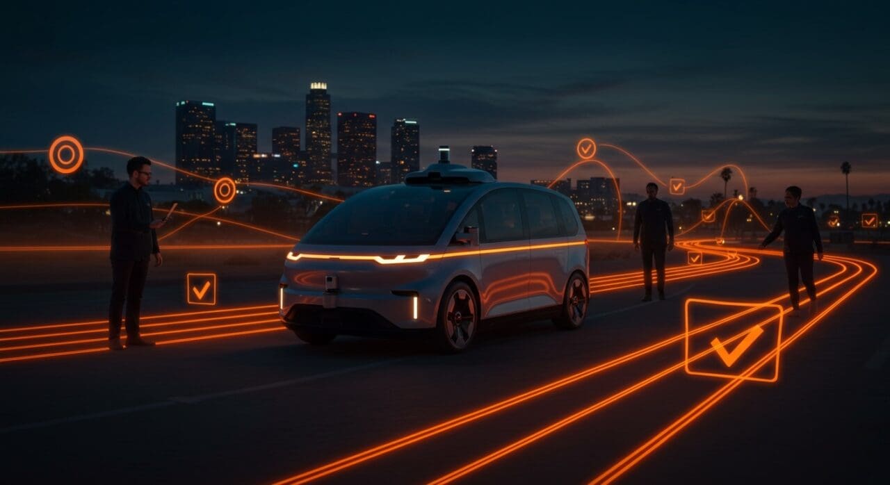 Waymo robotaxi autónomo en California representando innovación en movilidad y aprobación regulatoria en tecnología autónoma.