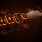 Wearables IA innovadores con interfaces holográficas en tonos naranja y negro, destacando tendencias y tecnología emergente para founders en 2025.