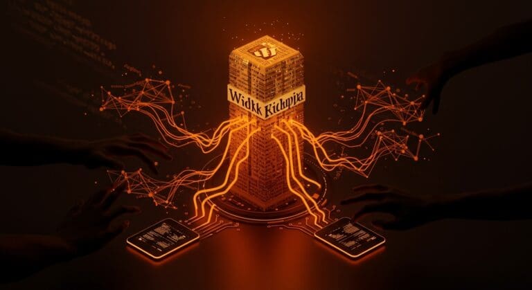 Representación visual de Wikipedia exigiendo el uso de su API oficial por startups de IA para asegurar datos fiables y tecnología sostenible.