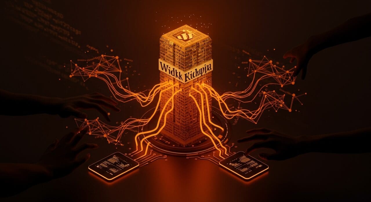 Representación visual de Wikipedia exigiendo el uso de su API oficial por startups de IA para asegurar datos fiables y tecnología sostenible.