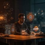 Colaboración en startup tech con interfaz de Windows 11 integrada con IA agentic y patrones neuronales en paleta naranja y negro.