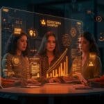 Mujeres emprendedoras colaborando con tecnología digital, simbolizando liderazgo femenino, diversidad tech e innovación en startups.