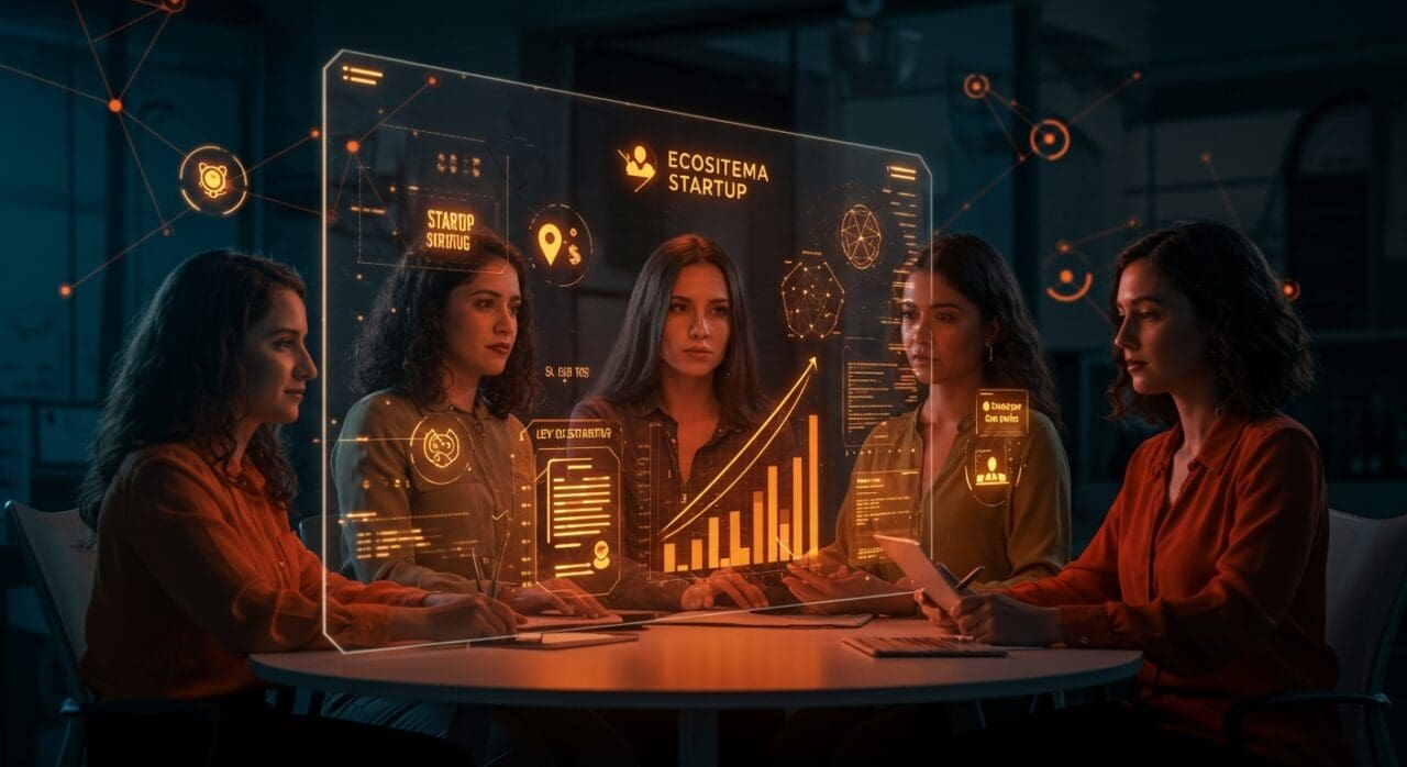 Mujeres emprendedoras colaborando con tecnología digital, simbolizando liderazgo femenino, diversidad tech e innovación en startups.